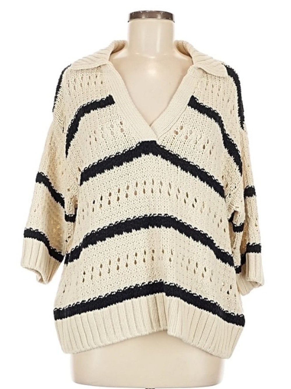 H&M Cream and Black Striped V-Neck Knit Short Sleeve Sweater